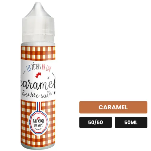 E-liquide Caramel Beurre Salé de Le Coq Qui Vape, 50 ml, saveur caramel.
