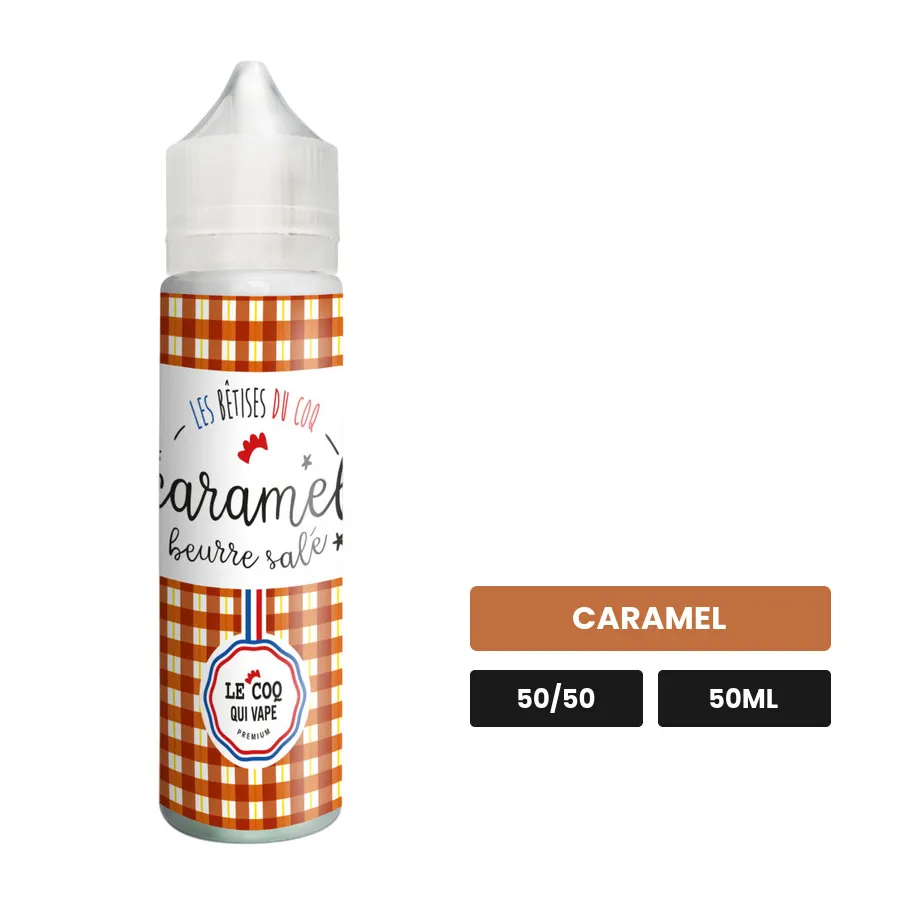 E-liquide Caramel Beurre Salé de Le Coq Qui Vape, 50 ml, saveur caramel.