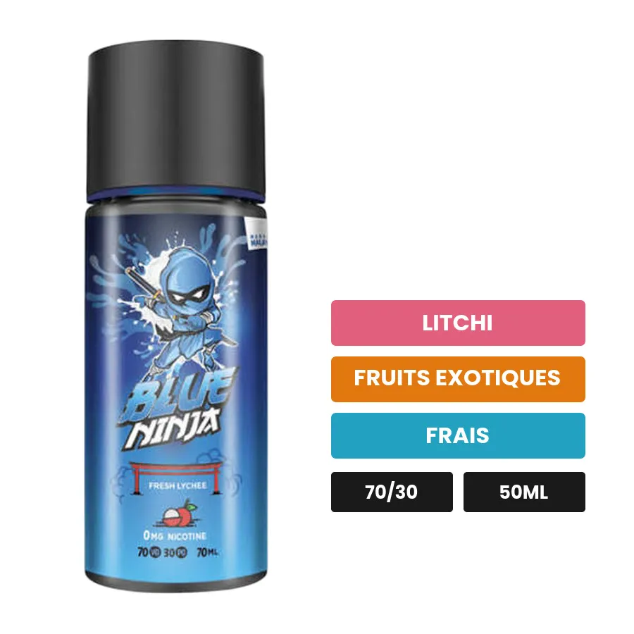 E-liquide Blue Ninja, 50 ml, saveurs litchi, fruits exotiques et frais.