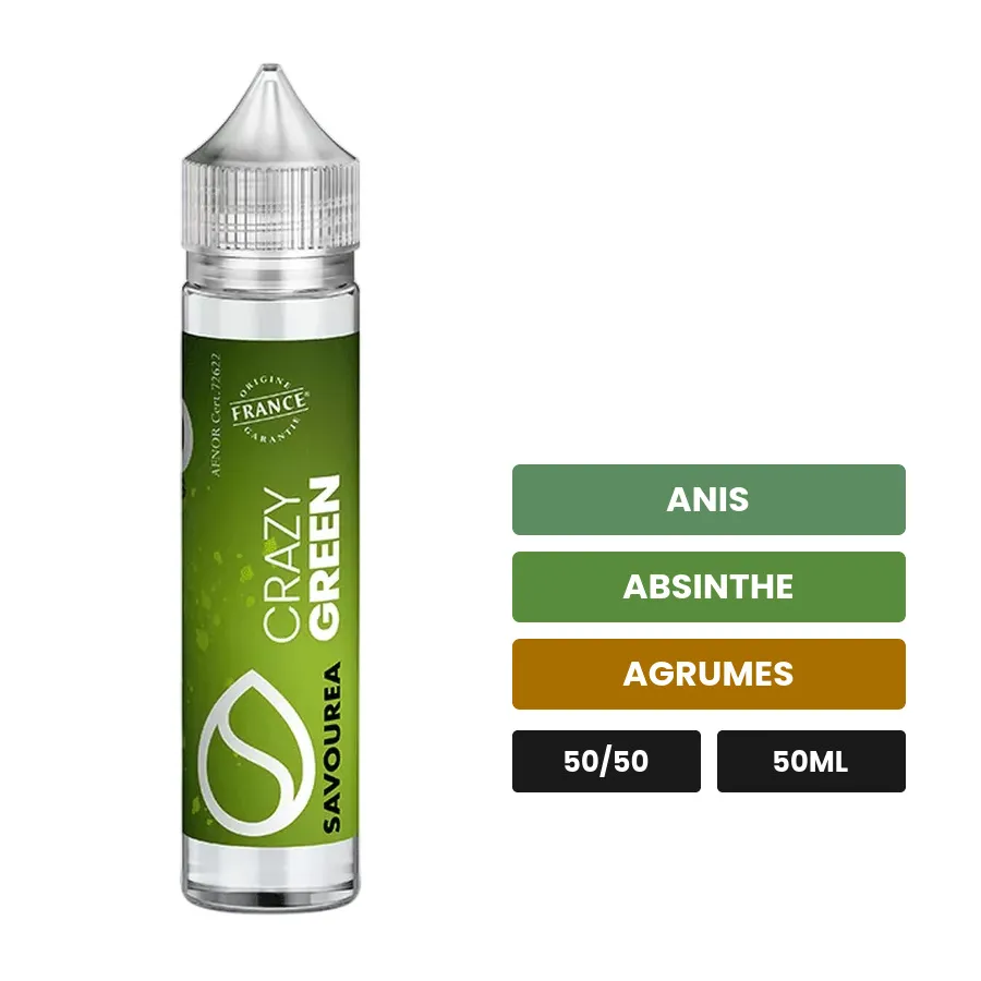 E-liquide Crazy - Green de Savourea, 50 ml, saveurs anis, absinthe et agrumes.