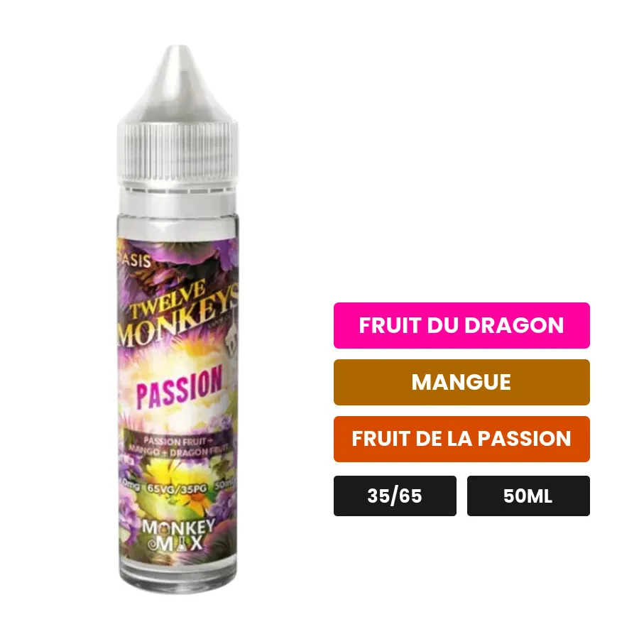 E-liquide Passion Oasis de 12 Monkeys, 50 ml, saveurs fruit du dragon, mangue et fruit de la passion.