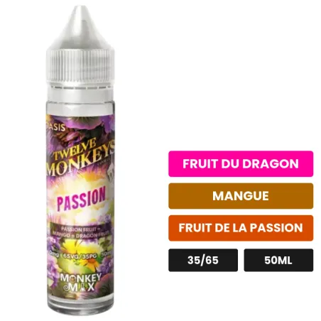E-liquide Passion Oasis de 12 Monkeys, 50 ml, saveurs fruit du dragon, mangue et fruit de la passion.