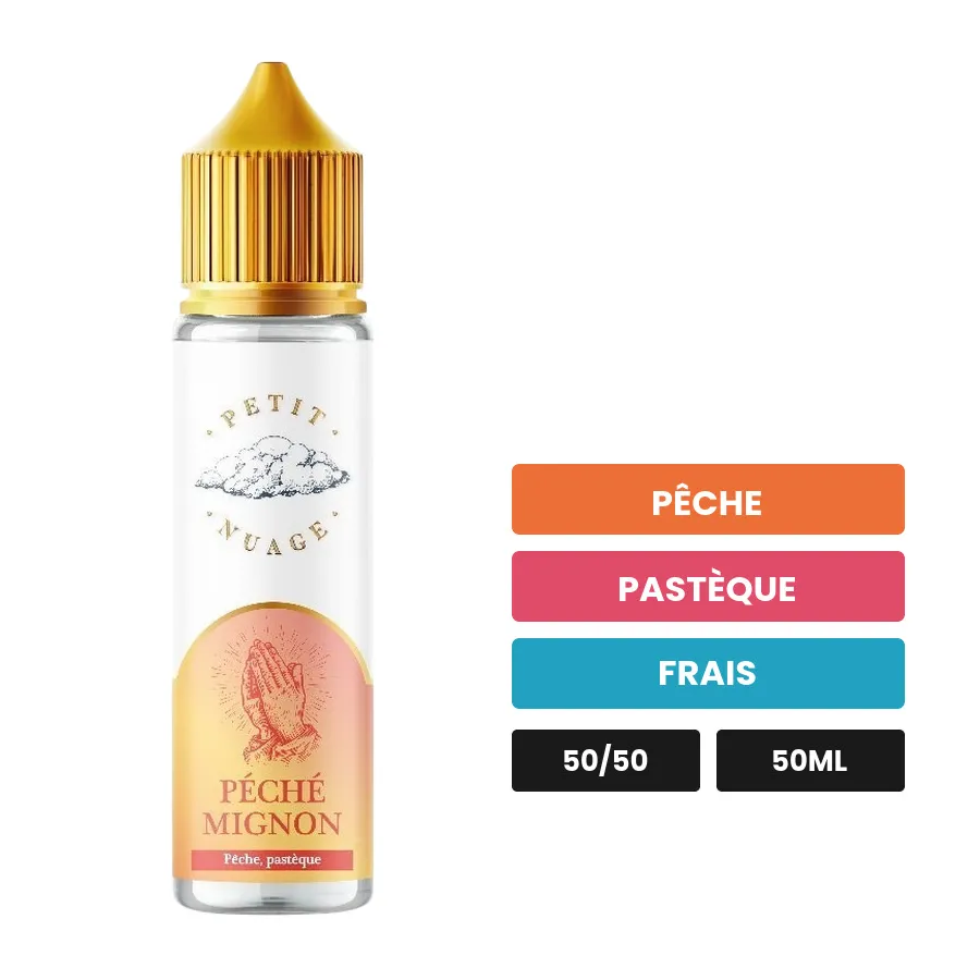 E-liquide Péché Mignon de Petit Nuage, 50 ml, saveurs pêche, pastèque et frais.