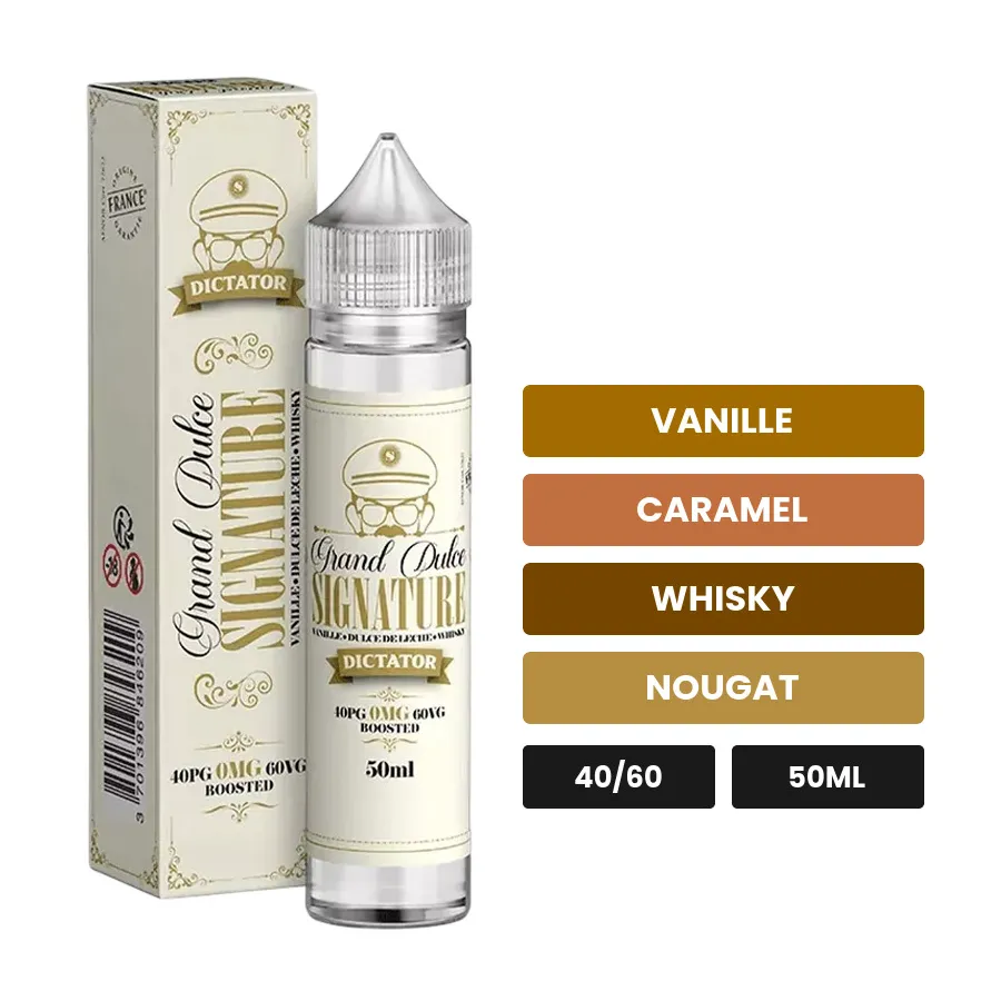 E-liquide Grand Dulce Signature - Dictator de Savourea, 50 ml, saveurs vanille, caramel, whisky et 1 autre.