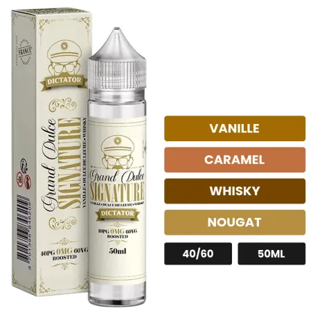 E-liquide Grand Dulce Signature - Dictator de Savourea, 50 ml, saveurs vanille, caramel, whisky et 1 autre.