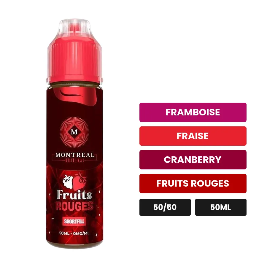 E-liquide Fruits Rouges de Montreal Original, 50 ml, saveurs framboise, fraise, cranberry et 1 autre.