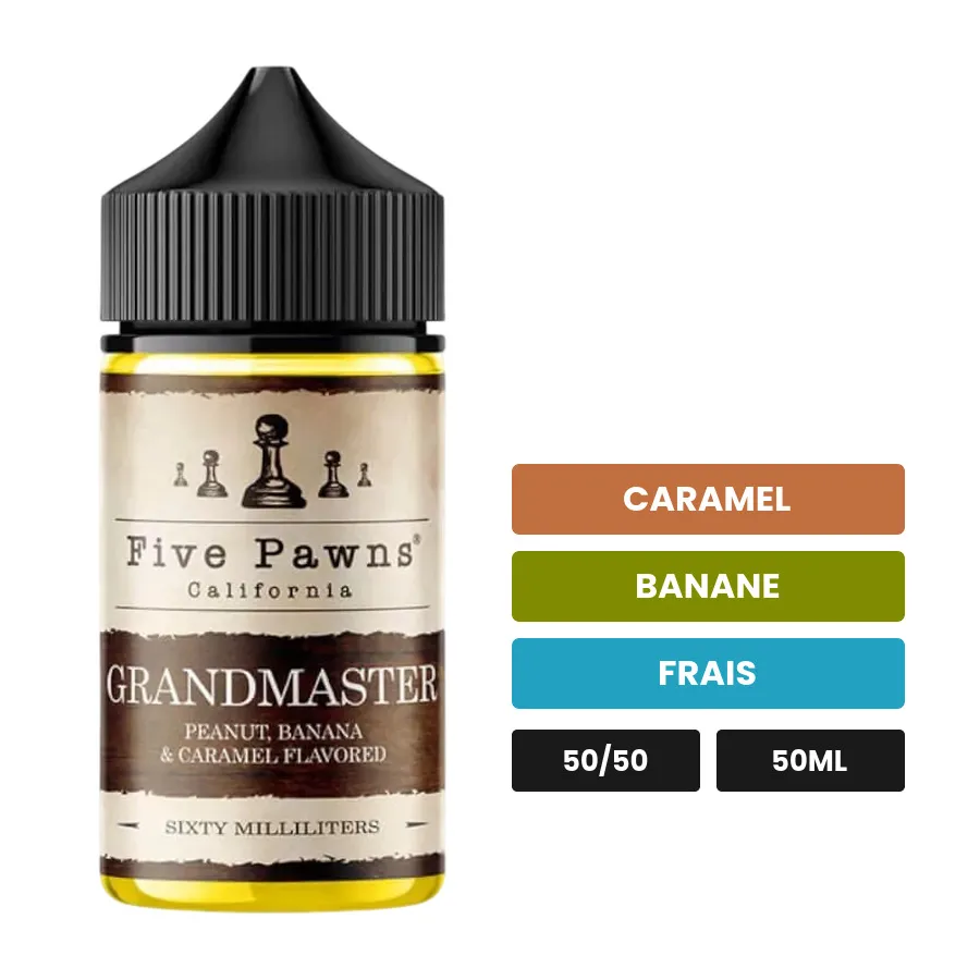 E-liquide Grandmaster de Five Pawns, 50 ml, saveurs caramel, banane et frais.