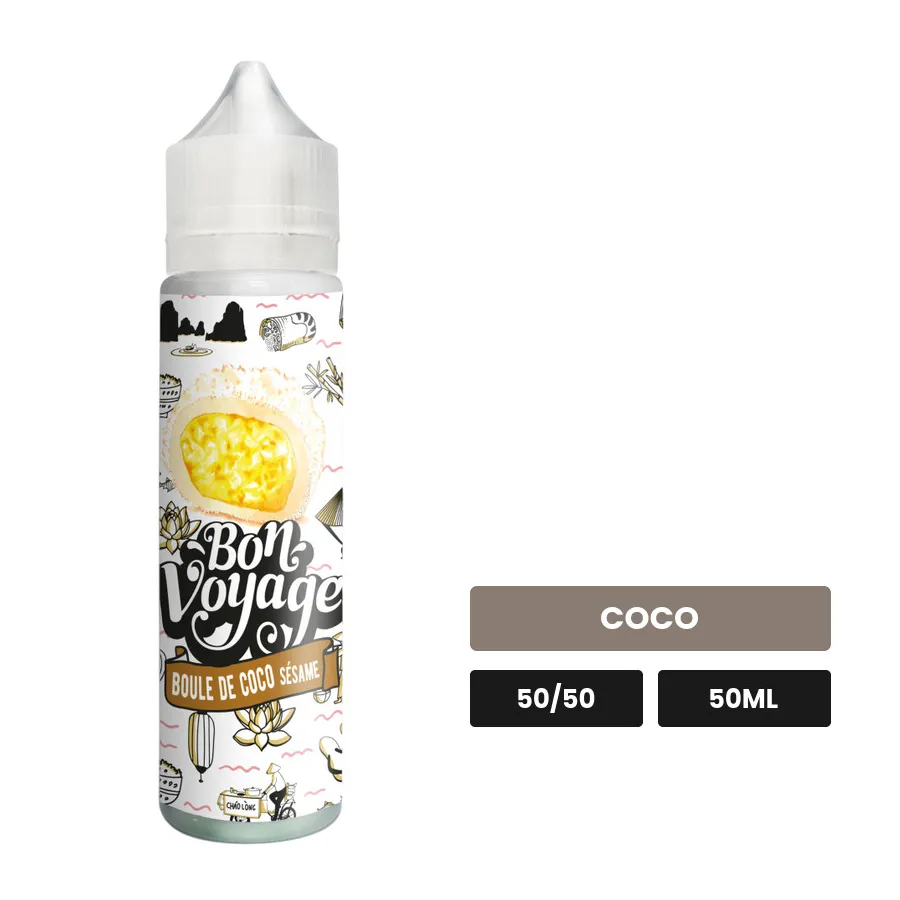 E-liquide Boule De Coco de Bon Voyage, 50 ml, saveur coco.