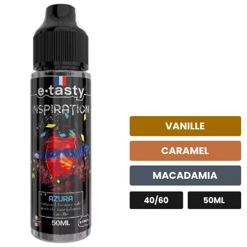 E-liquide Azura d'E.Tasty, 50 ml, saveurs vanille, caramel et macadamia.