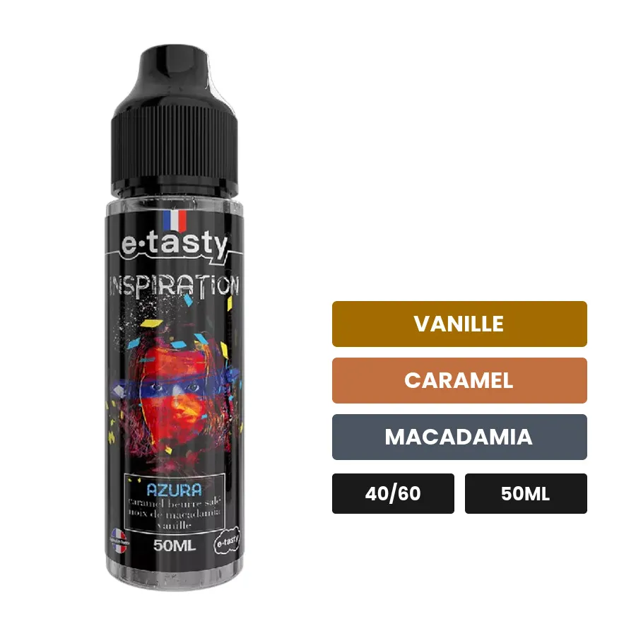 E-liquide Azura d'E.Tasty, 50 ml, saveurs vanille, caramel et macadamia.