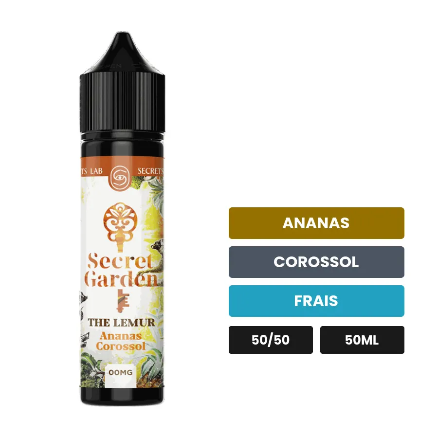 E-liquide The Lemur de Secret's Lab, 50 ml, saveurs ananas, corossol et frais.