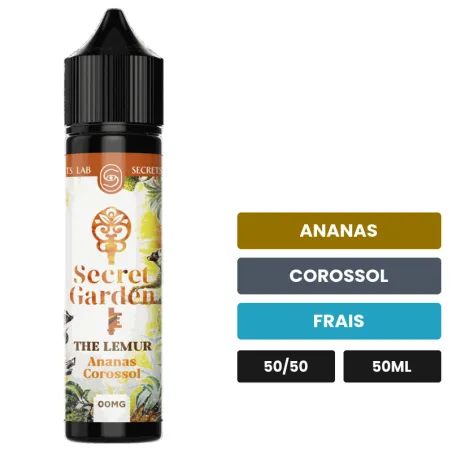 E-liquide The Lemur de Secret's Lab, 50 ml, saveurs ananas, corossol et frais.