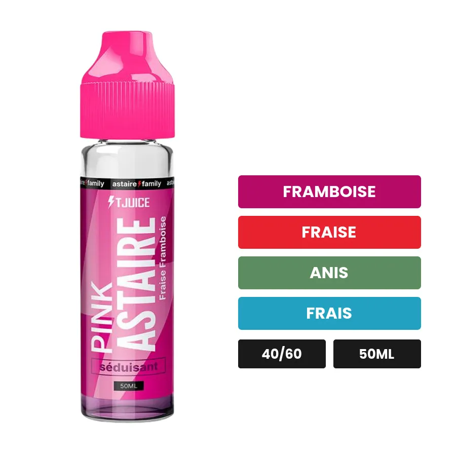 E-liquide Pink Astaire de T-Juice, 50 ml, saveurs framboise, fraise, anis et 1 autre.