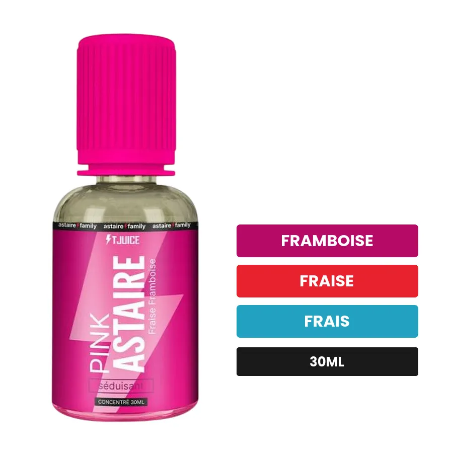 Arome concentre Pink Astaire de T-Juice, 30 ml, saveurs framboise, fraise et frais.