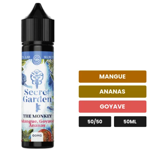 E-liquide The Monkey de Secret's Lab, 50 ml, saveurs mangue, ananas et goyave.