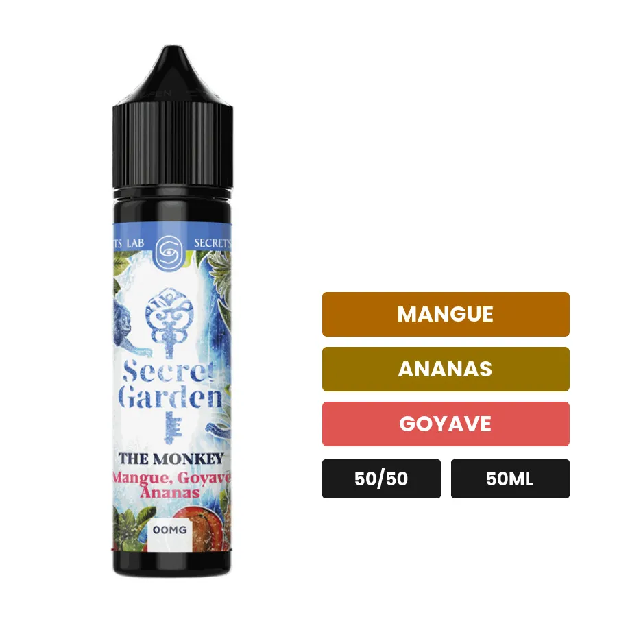 E-liquide The Monkey de Secret's Lab, 50 ml, saveurs mangue, ananas et goyave.