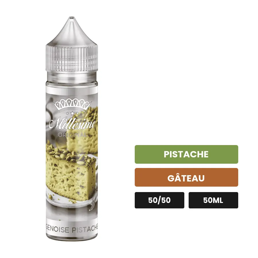 E-liquide Génoise Pistache de Millésime, 50 ml, saveurs pistache et gâteau.