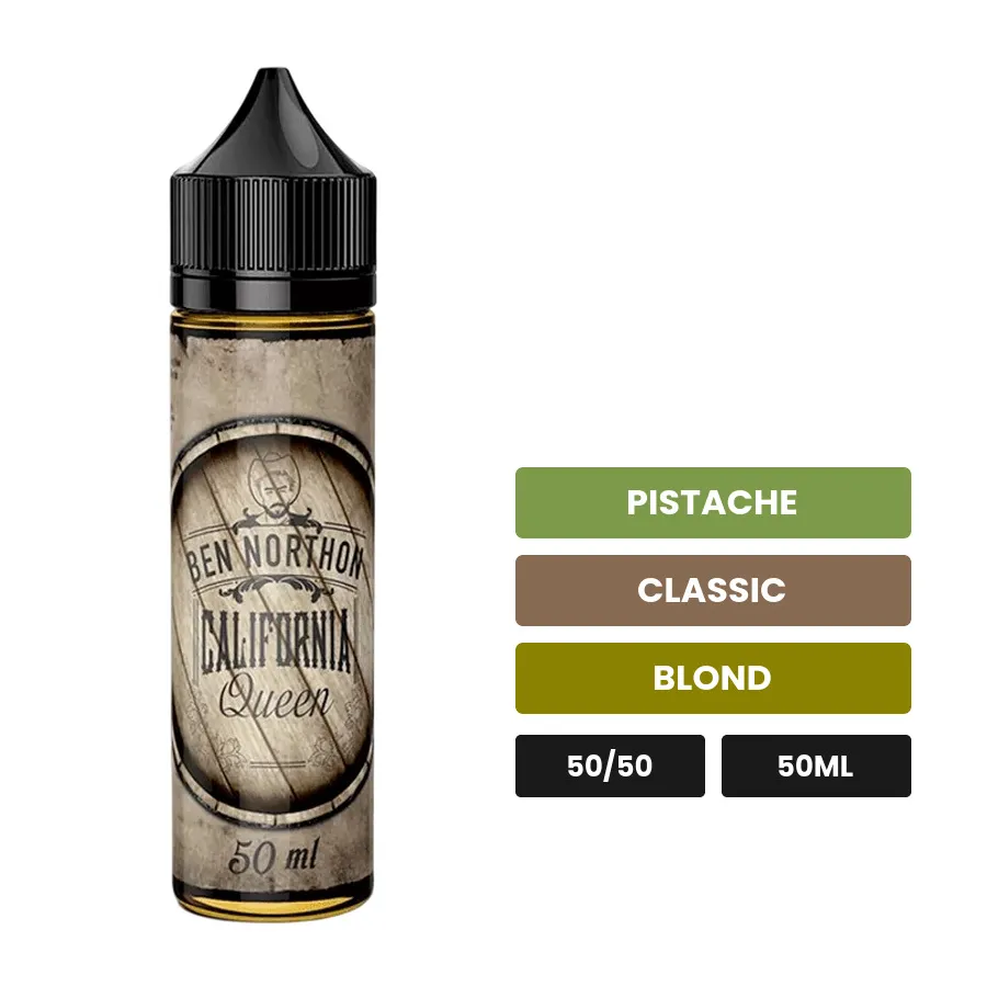 E-liquide California Queen de Ben Northon, 50 ml, saveurs pistache, classic et blond.