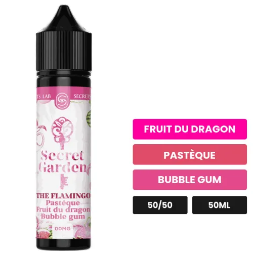 E-liquide The Flamingo de Secret's Lab, 50 ml, saveurs fruit du dragon, pastèque et bubble gum.