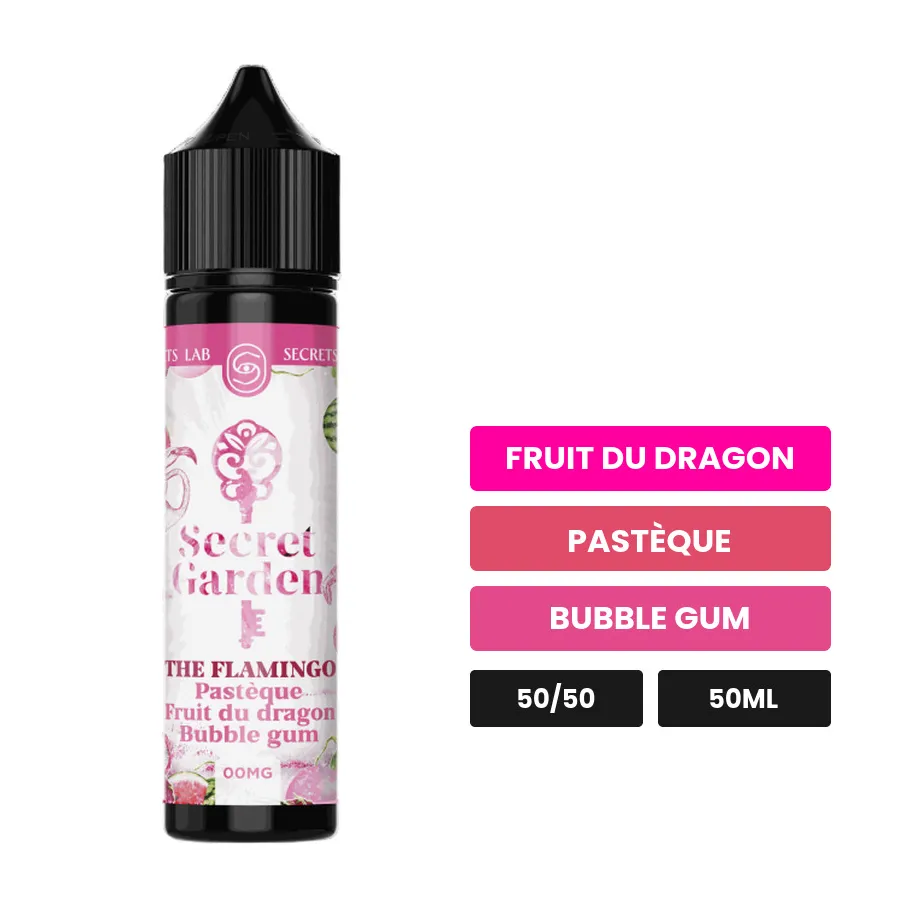 E-liquide The Flamingo de Secret's Lab, 50 ml, saveurs fruit du dragon, pastèque et bubble gum.