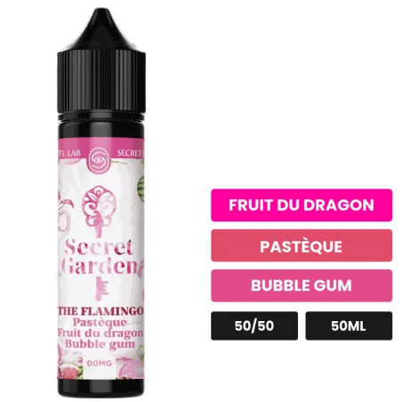 E-liquide The Flamingo de Secret's Lab, 50 ml, saveurs fruit du dragon, pastèque et bubble gum.