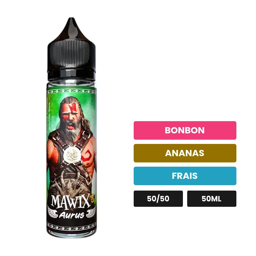 E-liquide Aurus de Mawix, 50 ml, saveurs bonbon, ananas et frais.