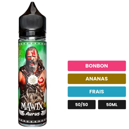E-liquide Aurus de Mawix, 50 ml, saveurs bonbon, ananas et frais.