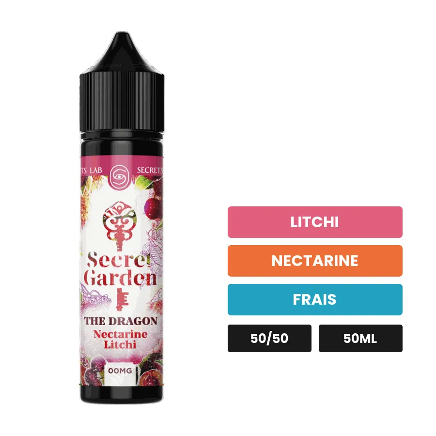 E-liquide The Dragon de Secret's Lab, 50 ml, saveurs litchi, nectarine et frais.