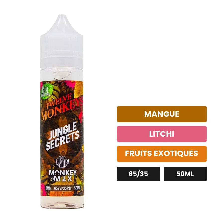 E-liquide Jungle Secrets Circle Of Life de 12 Monkeys, 50 ml, saveurs mangue, litchi et fruits exotiques.