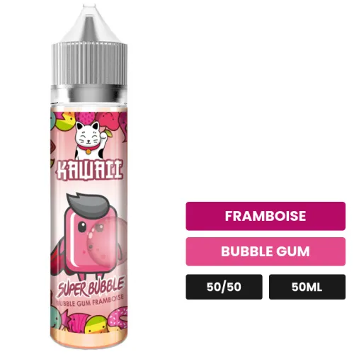 E-liquide Super Bubble de Kawaii, 50 ml, saveurs framboise et bubble gum.