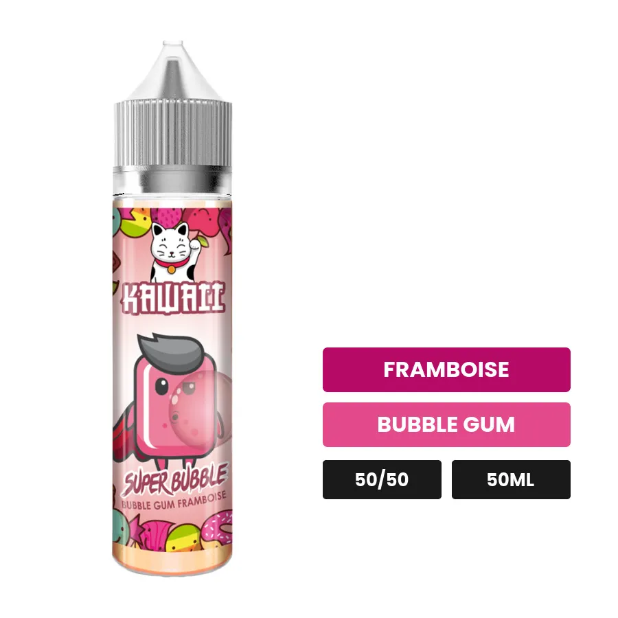 E-liquide Super Bubble de Kawaii, 50 ml, saveurs framboise et bubble gum.