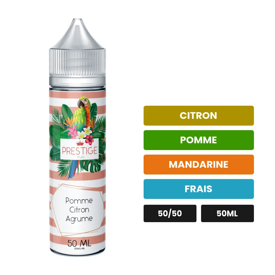 E-liquide Mandarine - Pomme- Citron de Prestige Fruits, 50 ml, saveurs citron, pomme, mandarine et 1 autre.