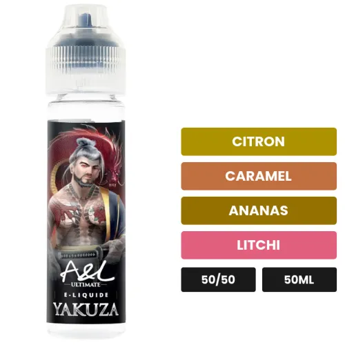 E-liquide Yakuza d'A&l, 50 ml, saveurs citron, caramel, ananas et 3 autres.