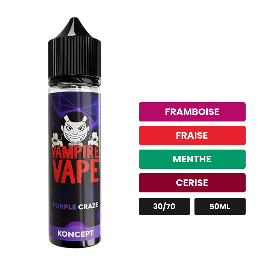 E-liquide Purple Craze de Vampire Vape, 50 ml, saveurs framboise, fraise, menthe et 1 autre.