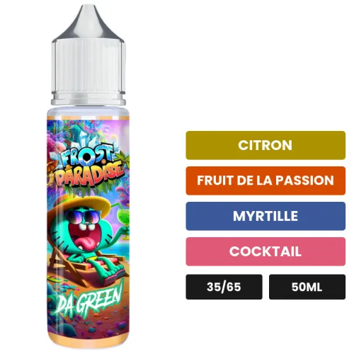 E-liquide Da Green de Knoks, 50 ml, saveurs citron, fruit de la passion, myrtille et 2 autres.