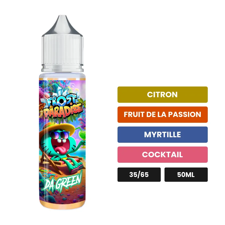 E-liquide Da Green de Knoks, 50 ml, saveurs citron, fruit de la passion, myrtille et 2 autres.