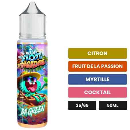 E-liquide Da Green de Knoks, 50 ml, saveurs citron, fruit de la passion, myrtille et 2 autres.