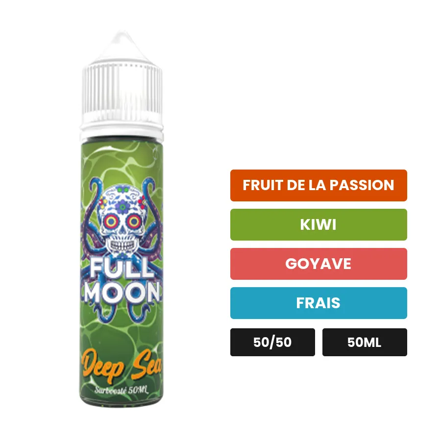 E-liquide Deep Sea de Full Moon, 50 ml, saveurs fruit de la passion, kiwi, goyave et 1 autre.