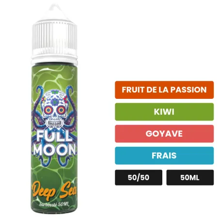 E-liquide Deep Sea de Full Moon, 50 ml, saveurs fruit de la passion, kiwi, goyave et 1 autre.