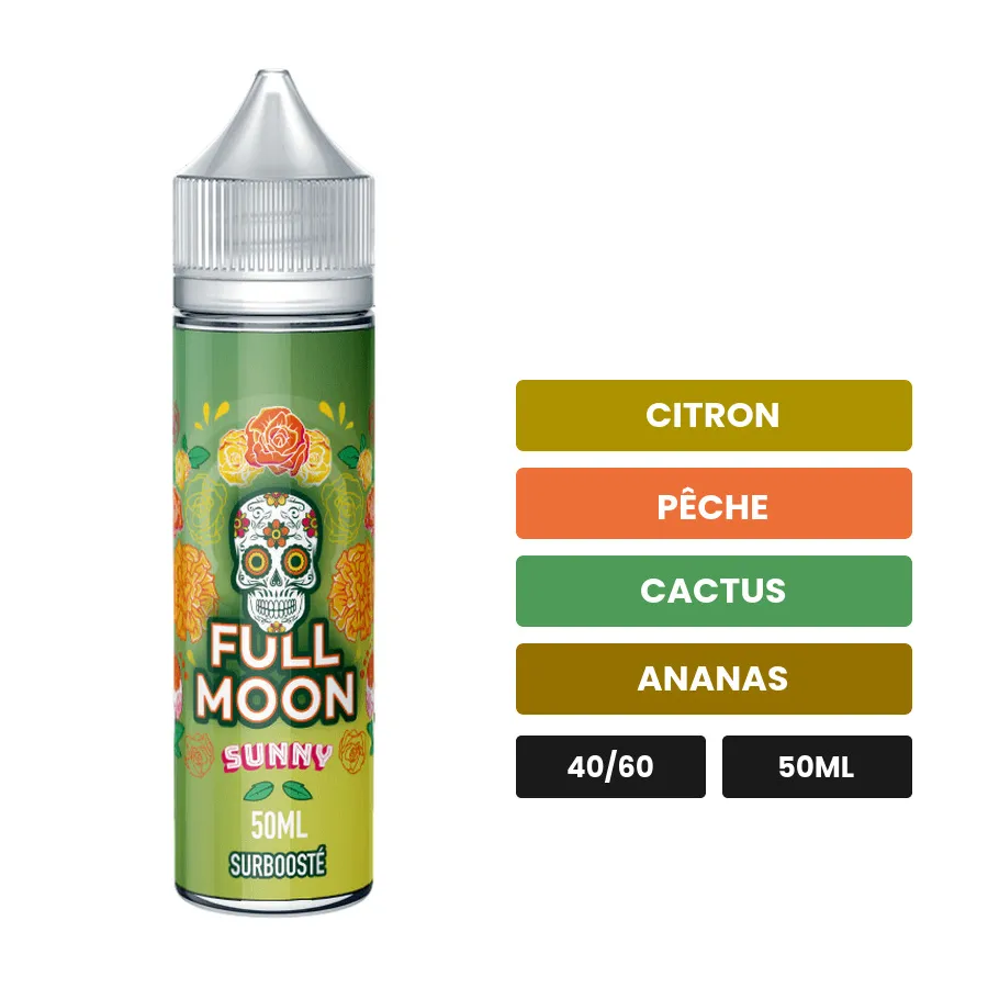 E-liquide Sunny de Full Moon, 50 ml, saveurs citron, pêche, cactus et 5 autres.
