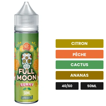 E-liquide Sunny de Full Moon, 50 ml, saveurs citron, pêche, cactus et 5 autres.