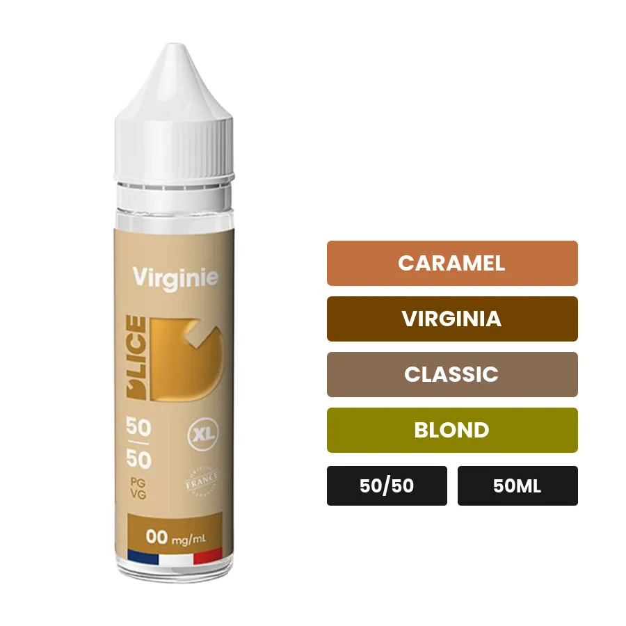 E-liquide Virginie de D'Lice, 50 ml, saveurs caramel, virginia, classic et 1 autre.