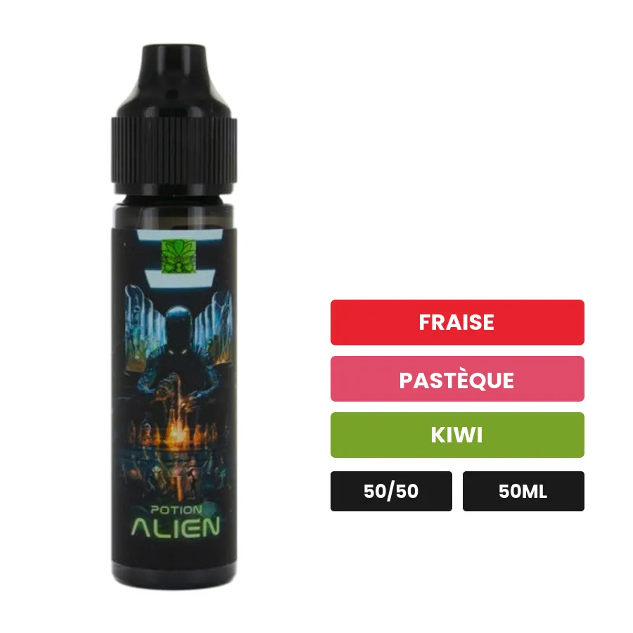 E-liquide Potion Alien de Tribal Force, 50 ml, saveurs fraise, pastèque et kiwi.