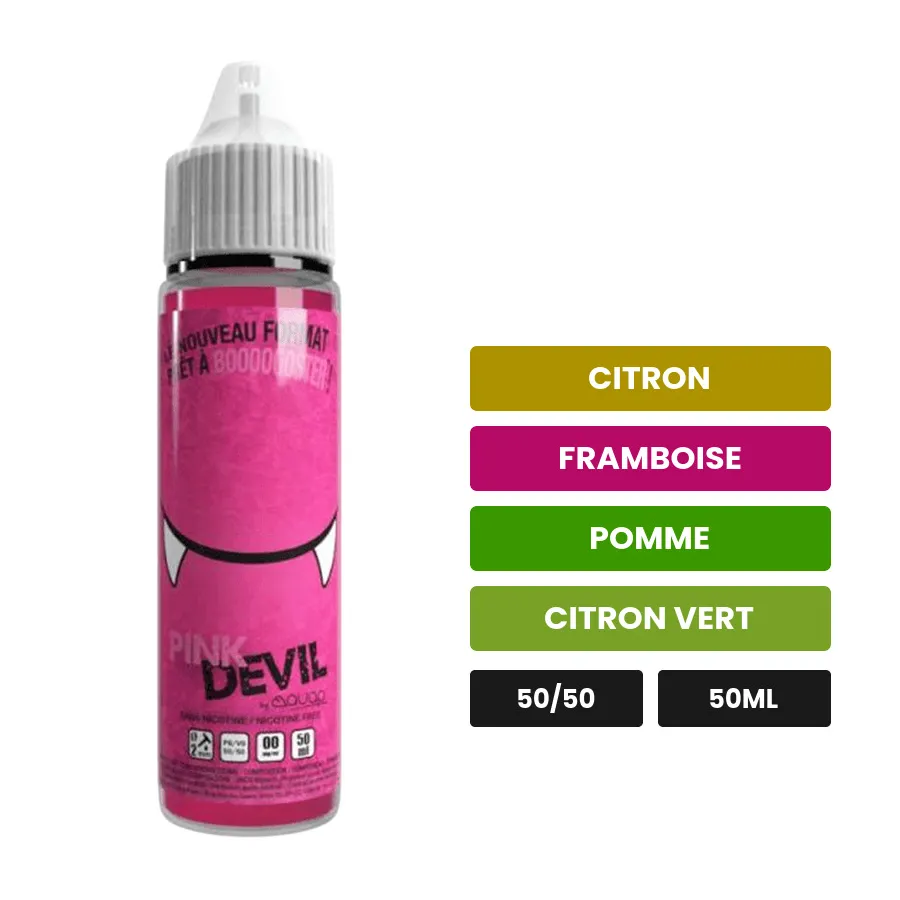 E-liquide Pink Devil de Devil Original, 50 ml, saveurs citron, framboise, pomme et 1 autre.