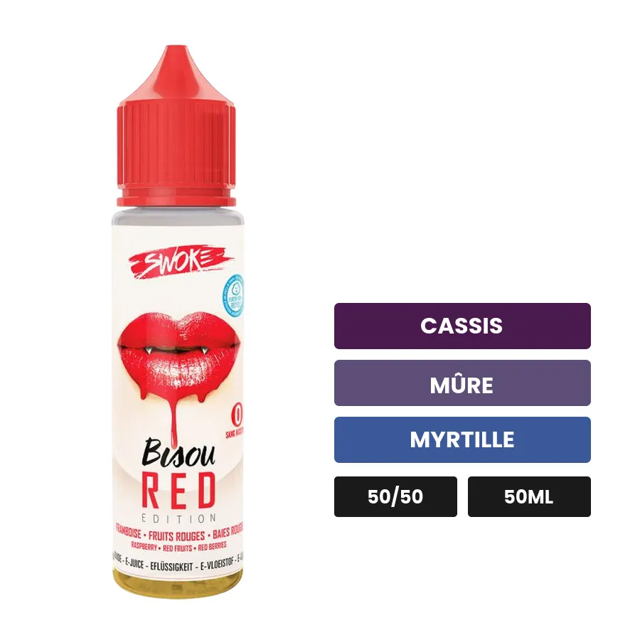E-liquide Bisou Rouge de Swoke, 50 ml, saveurs cassis, mûre et myrtille.