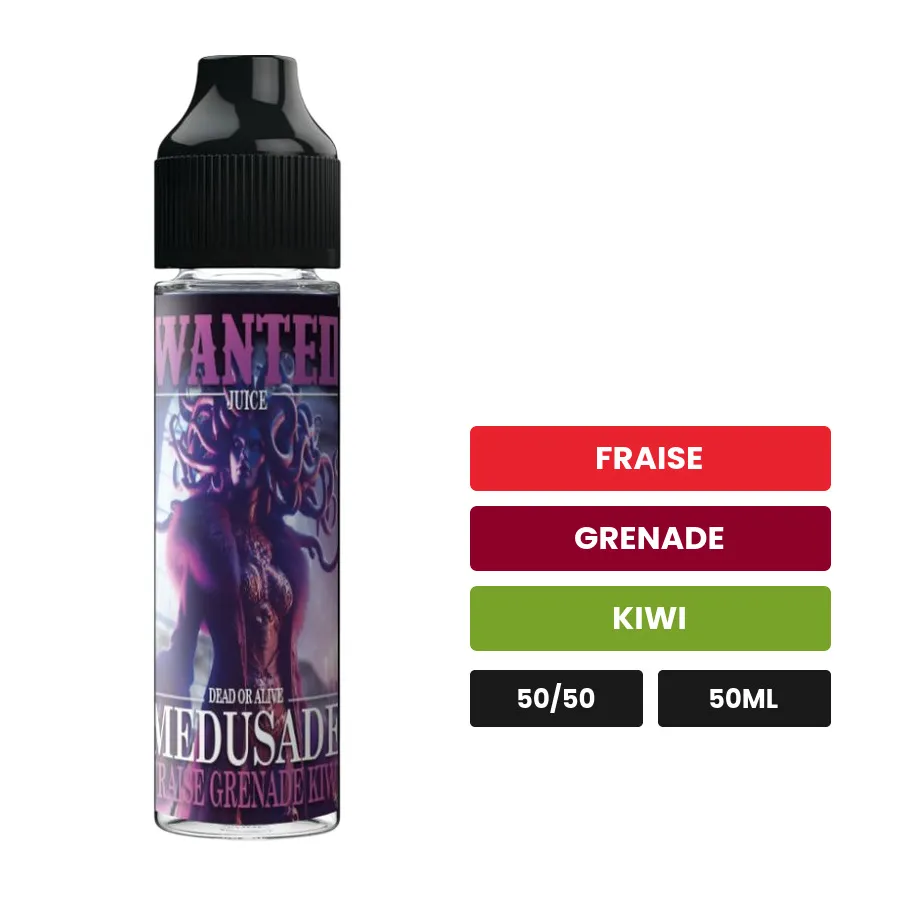 E-liquide Medusade de Wanted Juice, 50 ml, saveurs fraise, grenade et kiwi.