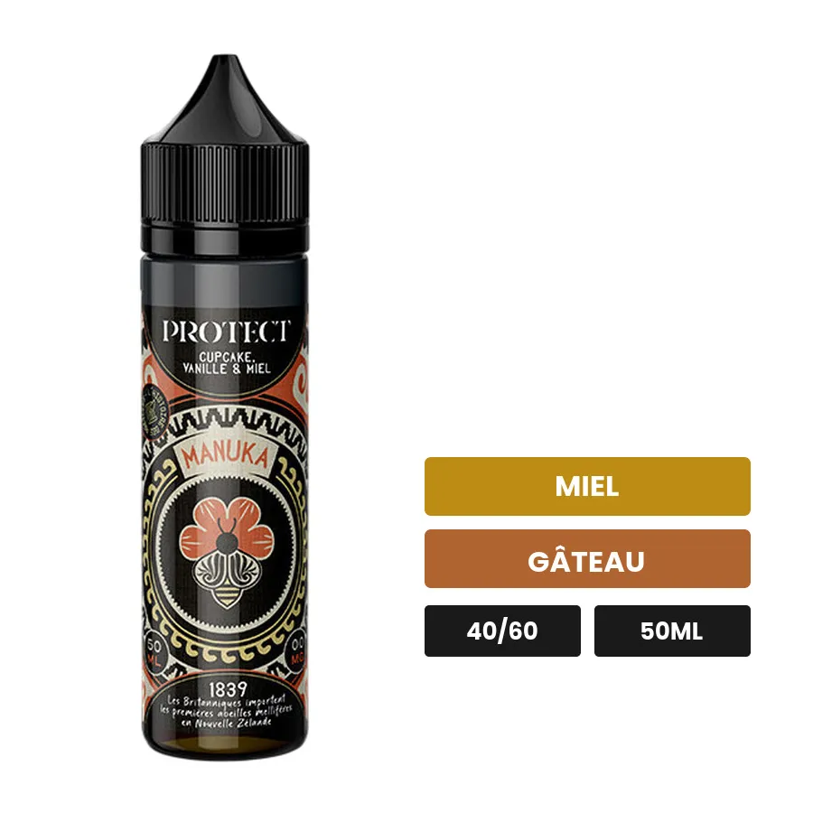 E-liquide Manuka de Protect, 50 ml, saveurs miel et gâteau.