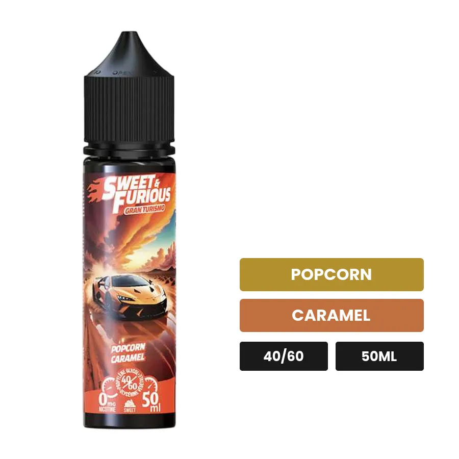 E-liquide Gran Turismo de Vape Maker, 50 ml, saveurs popcorn et caramel.