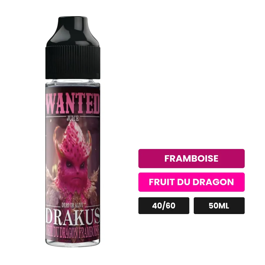 E-liquide Drakus de Wanted Juice, 50 ml, saveurs framboise et fruit du dragon.