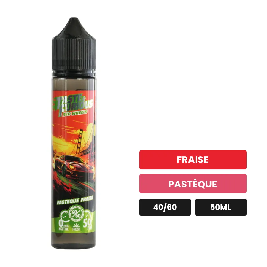 E-liquide Red Wheels de Taste & Furious, 50 ml, saveurs fraise et pastèque.